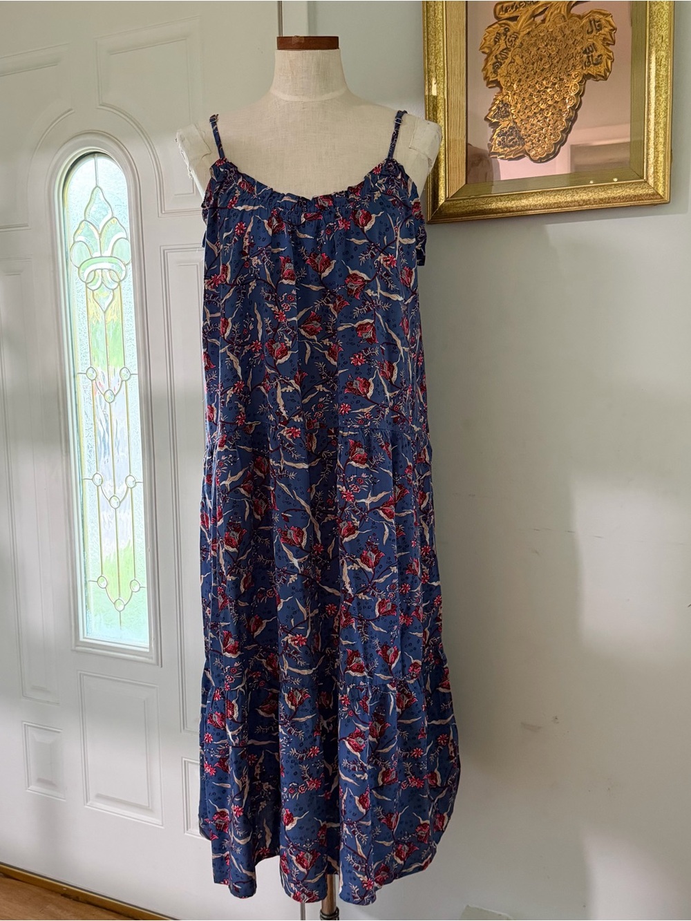 Bohemian Natural Life Spaghetti Strap blue floral print tiered midi dress NWOT